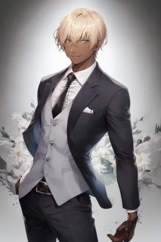 short hair, laugh, tall, Masterpiece, tan skin, man, suit